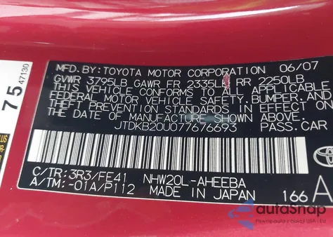 2007 Toyota Prius z USA, uszkodzony, nr VIN JTDKB20U077676693